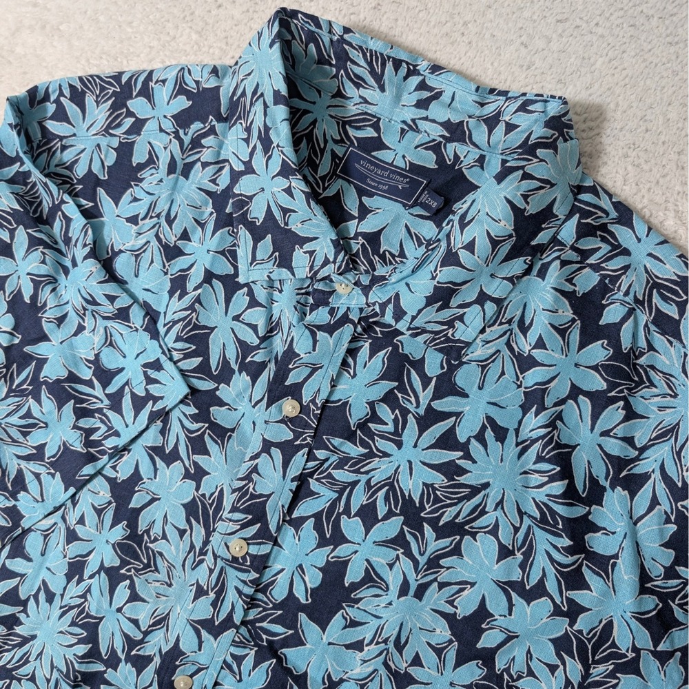NEW Vineyard Vines Button Down Men 2XB Blue Floral Tropical 100% Linen S/S Shirt